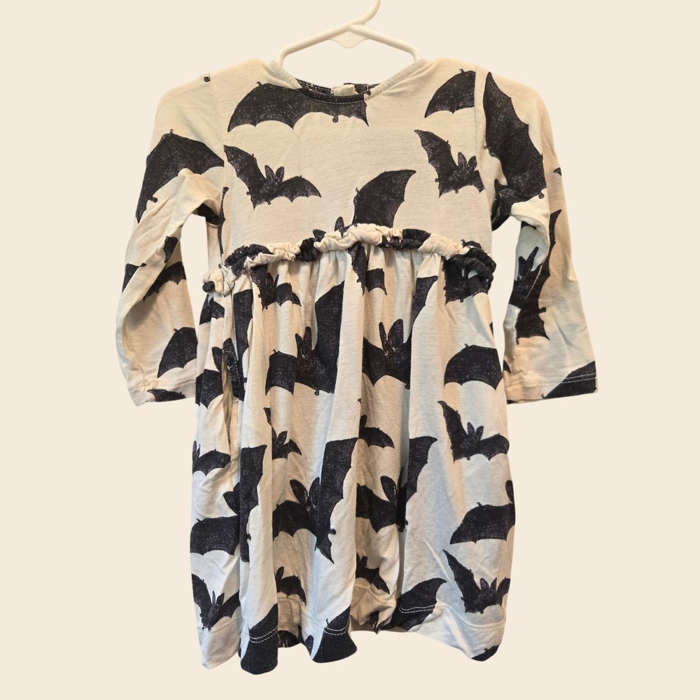 Kate Quinn Long Sleeve Bat Print Modal Dress Cream Black Halloween 18-24M